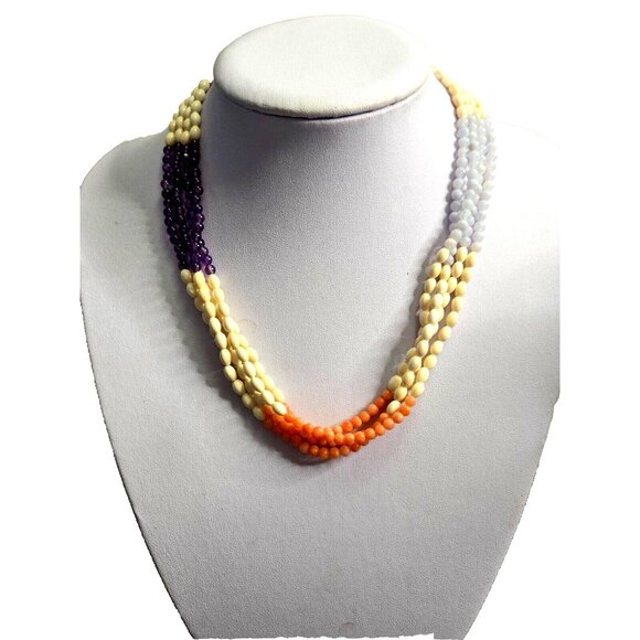 Deco 20's Twisted Pearl Beads of Red Agate, Amethyst, Blue Chancery and bone 17" - Picture 1 of 7